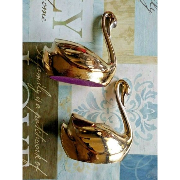Set Of 2 Swan Candle Holders JAPAN gold tone metal 4"x3.5" EUC - Picture 4 of 12